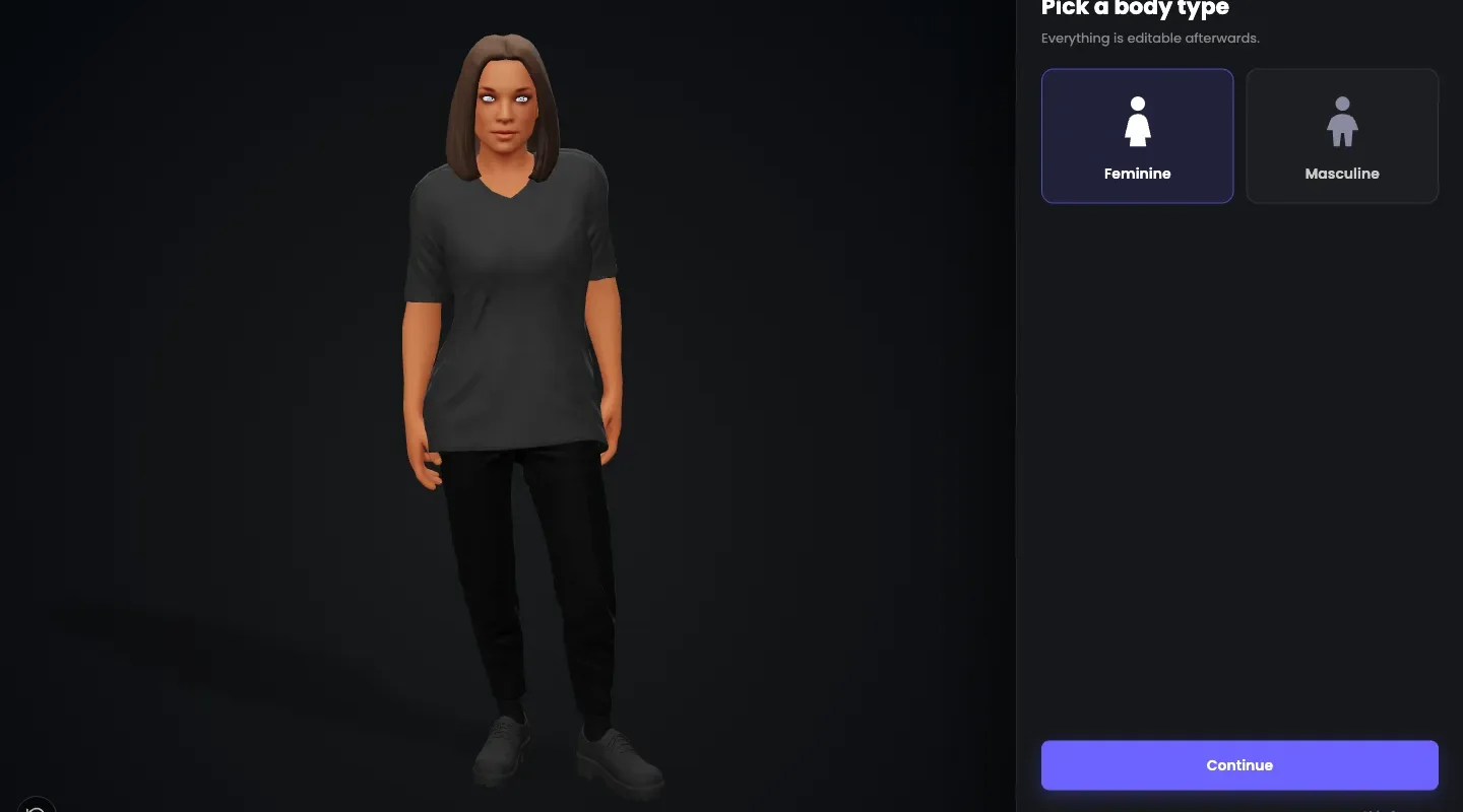 Avatar Studio in the browser: a character in the preview, with the pickers for body, face, hair and clothing on the right.