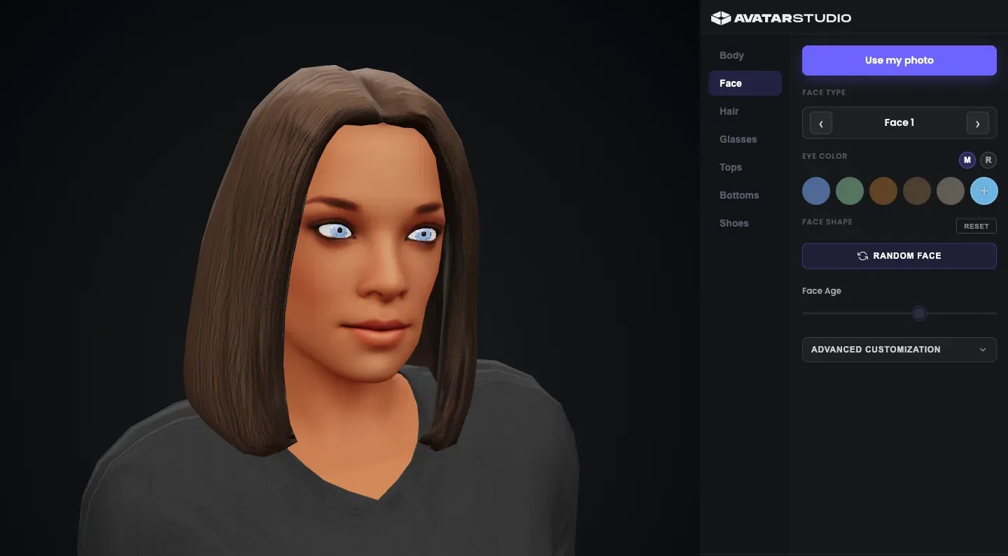 Close-up of an avatar in Avatar Studio with the controls for face shape, eye colour and age.