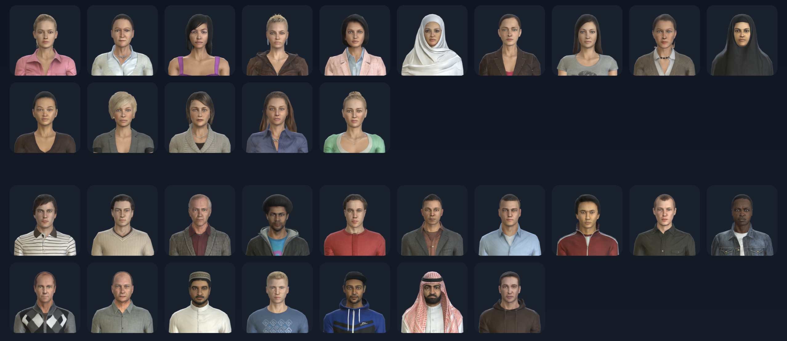 RAVE SPACE avatar dashboard showing 16 female and 17 male avatars across ages and ethnicities.