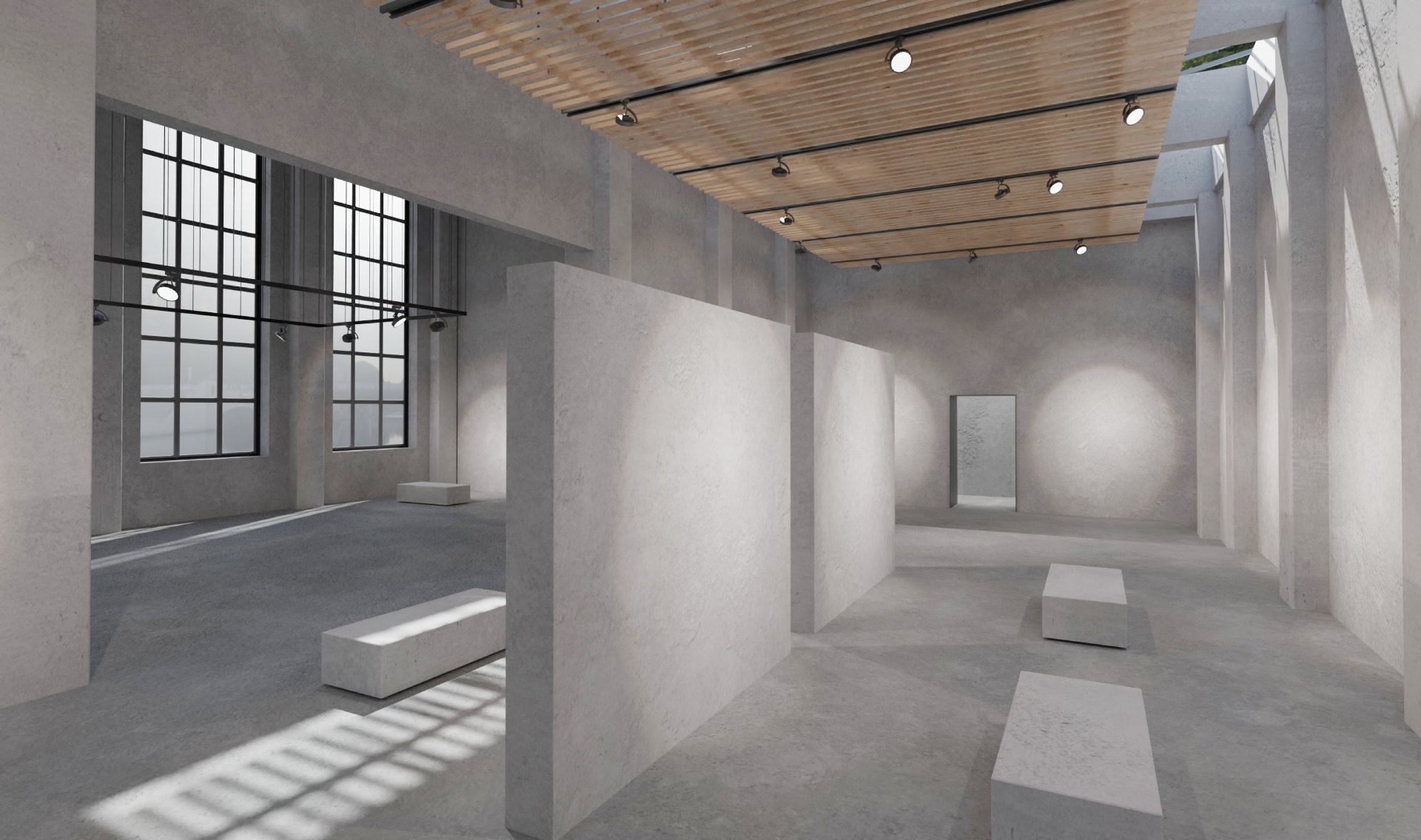 OnArt Bunker template, brutalist concrete gallery with industrial windows.