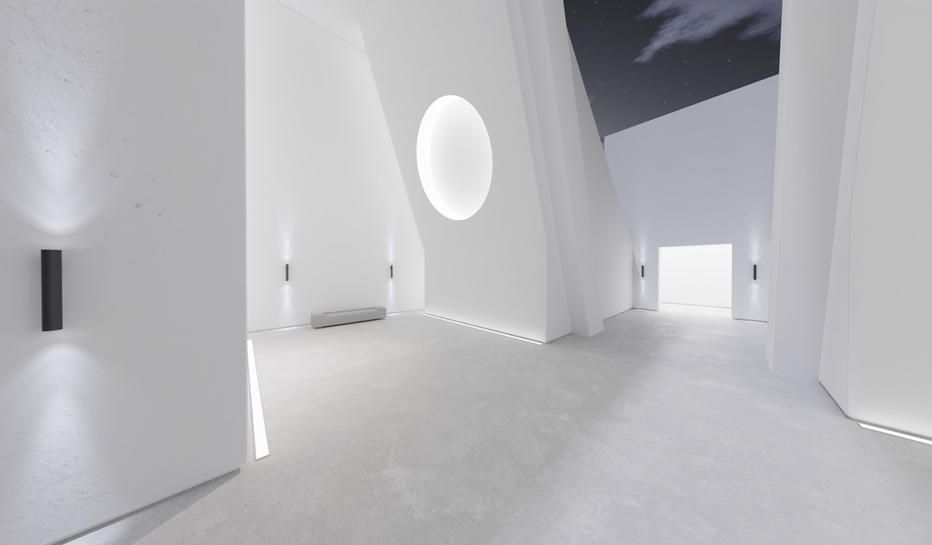 OnArt Celestial template, angular sculptural white architecture with an oculus opening to the sky.
